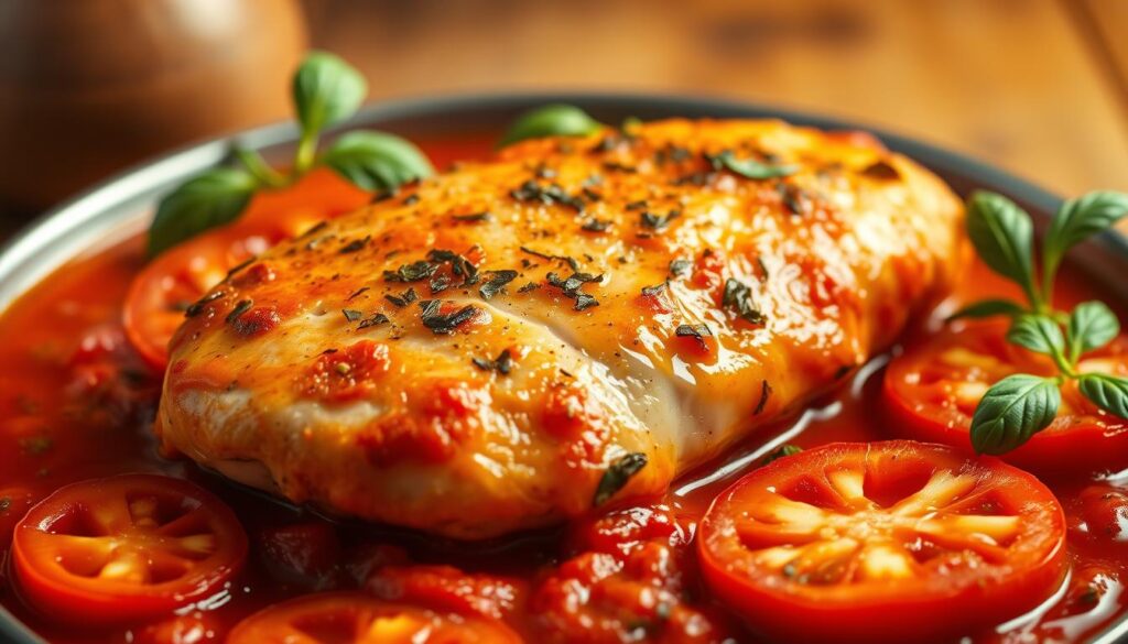 A delectable chicken pomodoro dish, simmered in a vibrant tomato sauce and garnished with fresh, juicy tomato slices. The chicken is perfectly cooked, its tender meat glistening under the warm, inviting light. The tomato sauce is a luscious blend of ripe, sun-kissed tomatoes, laced with fragrant herbs and a hint of garlic, creating a harmonious balance of flavors. The fresh tomato slices add a bright, crisp contrast, their vibrant red hues complementing the dish's rustic charm. The scene is set against a warm, earthy backdrop, evoking the comforting ambiance of a cozy Italian kitchen. The overall composition invites the viewer to savor the dish's inviting aroma and share in the joyful experience of this delectable chicken pomodoro masterpiece. A delectable chicken pomodoro dish, simmered in a vibrant tomato sauce and garnished with fresh, juicy tomato slices. The chicken is perfectly cooked, its tender meat glistening under the warm, inviting light. The tomato sauce is a luscious blend of ripe, sun-kissed tomatoes, laced with fragrant herbs and a hint of garlic, creating a harmonious balance of flavors. The fresh tomato slices add a bright, crisp contrast, their vibrant red hues complementing the dish's rustic charm. The scene is set against a warm, earthy backdrop, evoking the comforting ambiance of a cozy Italian kitchen. The overall composition invites the viewer to savor the dish's inviting aroma and share in the joyful experience of this delectable chicken pomodoro masterpiece.