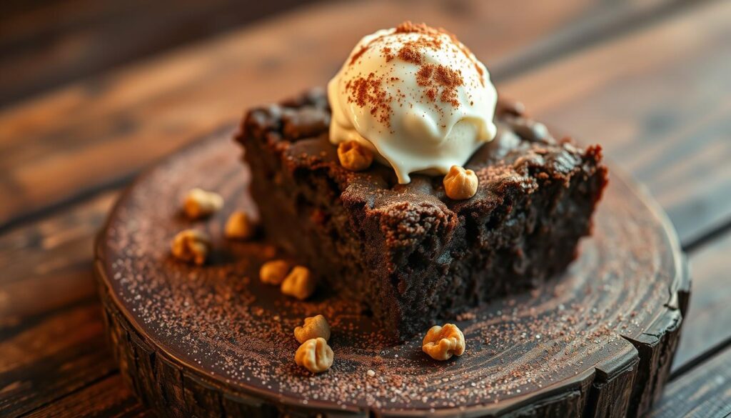 A delectable chocolate brownie dump cake sits atop a rustic wooden table, its rich, fudgy texture glistening under warm, golden lighting. A scoop of creamy vanilla ice cream melts temptingly alongside, while a dusting of cocoa powder and a sprinkling of chopped walnuts add depth and texture. The cake's layers are clearly visible, inviting the viewer to imagine the satisfying bite and indulgent flavors. The scene is captured with a shallow depth of field, drawing the eye to the decadent dessert and creating an intimate, appetizing atmosphere.
