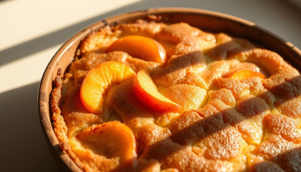 A delectable close-up of a freshly baked peach dump cake, presented in a rustic baking dish. The cake's golden-brown surface is dotted with juicy peach slices that peek through, hinting at the sweet and tangy filling within. Warm natural lighting casts a soft glow, casting shadows that accentuate the cake's inviting texture. The scene is set against a simple, neutral background, allowing the star of the dish to take center stage. The overall composition conveys a sense of homemade comfort and indulgence, perfectly capturing the essence of this classic dessert. A delectable close-up of a freshly baked peach dump cake, presented in a rustic baking dish. The cake's golden-brown surface is dotted with juicy peach slices that peek through, hinting at the sweet and tangy filling within. Warm natural lighting casts a soft glow, casting shadows that accentuate the cake's inviting texture. The scene is set against a simple, neutral background, allowing the star of the dish to take center stage. The overall composition conveys a sense of homemade comfort and indulgence, perfectly capturing the essence of this classic dessert.