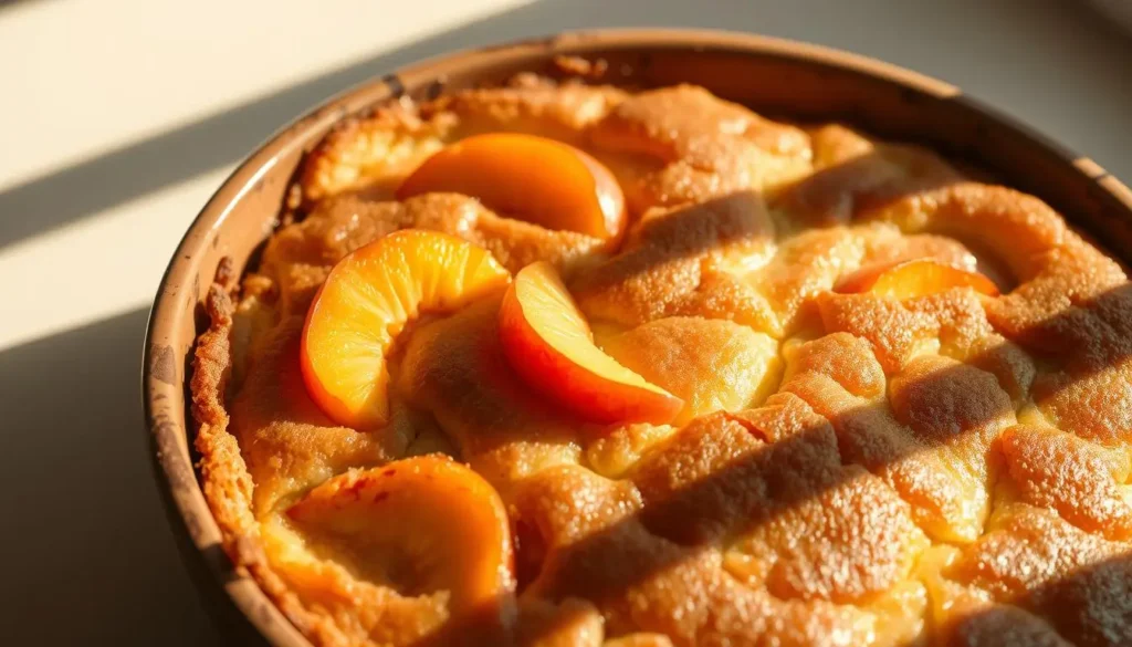 A delectable close-up of a freshly baked peach dump cake, presented in a rustic baking dish. The cake's golden-brown surface is dotted with juicy peach slices that peek through, hinting at the sweet and tangy filling within. Warm natural lighting casts a soft glow, casting shadows that accentuate the cake's inviting texture. The scene is set against a simple, neutral background, allowing the star of the dish to take center stage. The overall composition conveys a sense of homemade comfort and indulgence, perfectly capturing the essence of this classic dessert. A-delectable-close-up-of-a-freshly-baked-peach-dump-cake-presented-in-a-rustic-baking-dish
