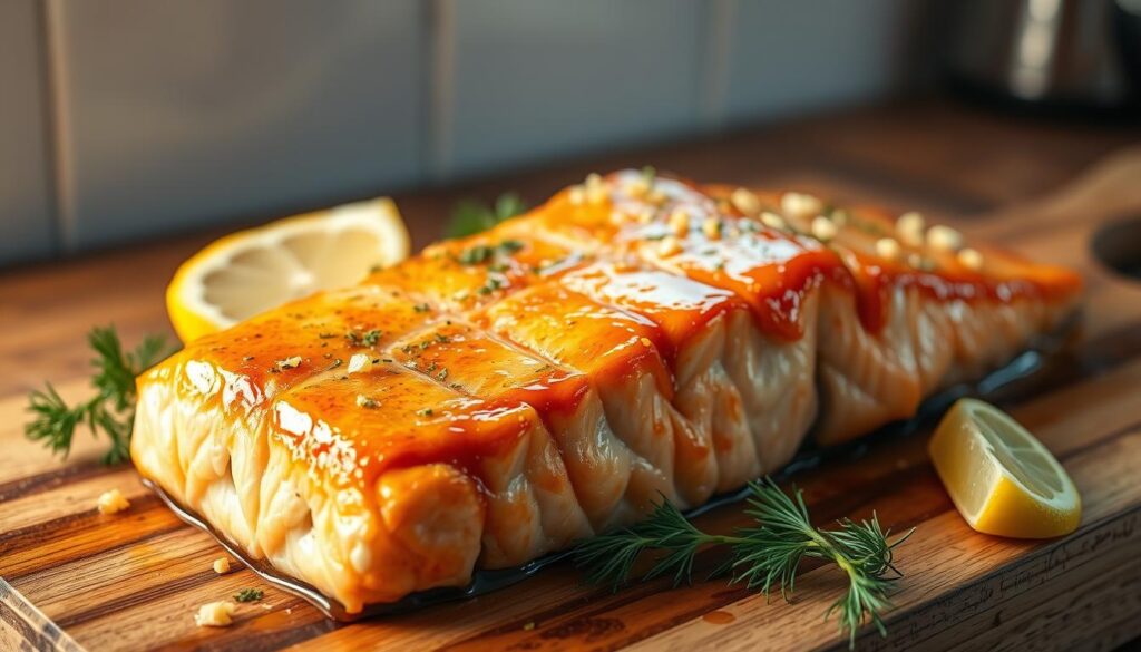 A delectable close-up of a freshly baked salmon fillet, its surface glistening with a savory garlic butter glaze. The fish rests on a rustic wooden cutting board, surrounded by fragrant sprigs of dill and lemon wedges. Warm, ambient lighting casts a soft, golden glow, highlighting the succulent flakes of the salmon and the rich, buttery sheen. In the background, a simple, minimalist kitchen setting provides a clean, uncluttered backdrop, allowing the star of the dish to take center stage. The overall composition exudes an inviting, homey atmosphere, perfectly capturing the essence of a comforting and healthful garlic butter baked salmon dish. A delectable close-up of a freshly baked salmon fillet, its surface glistening with a savory garlic butter glaze. The fish rests on a rustic wooden cutting board, surrounded by fragrant sprigs of dill and lemon wedges. Warm, ambient lighting casts a soft, golden glow, highlighting the succulent flakes of the salmon and the rich, buttery sheen. In the background, a simple, minimalist kitchen setting provides a clean, uncluttered backdrop, allowing the star of the dish to take center stage. The overall composition exudes an inviting, homey atmosphere, perfectly capturing the essence of a comforting and healthful garlic butter baked salmon dish.