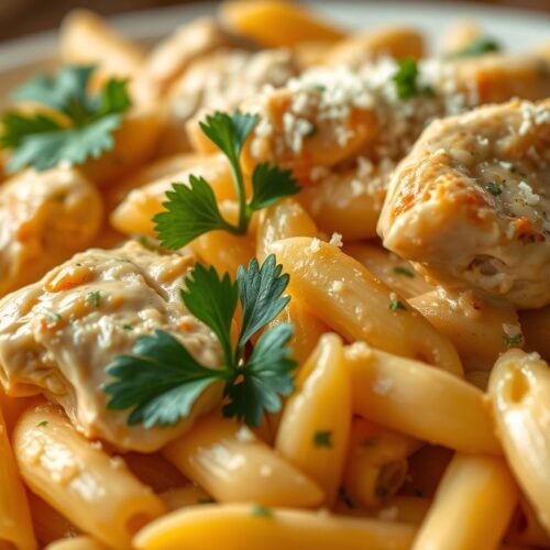 A delectable close-up of a steaming plate of creamy chicken penne pasta, with tender chicken breast pieces nestled among al dente penne noodles, coated in a rich, velvety parmesan-infused sauce. Garnished with fresh Italian parsley and a sprinkle of grated parmesan, the dish is illuminated by warm, soft lighting, creating an inviting, mouthwatering scene. The pasta glistens, the chicken is perfectly cooked, and the composition draws the viewer's eye directly to the center of the frame, highlighting the dish's simple yet satisfying appeal.