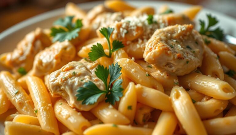 A delectable close-up of a steaming plate of creamy chicken penne pasta, with tender chicken breast pieces nestled among al dente penne noodles, coated in a rich, velvety parmesan-infused sauce. Garnished with fresh Italian parsley and a sprinkle of grated parmesan, the dish is illuminated by warm, soft lighting, creating an inviting, mouthwatering scene. The pasta glistens, the chicken is perfectly cooked, and the composition draws the viewer's eye directly to the center of the frame, highlighting the dish's simple yet satisfying appeal.