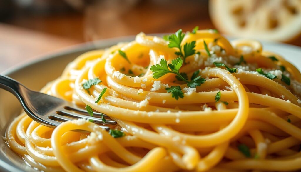 A delectable close-up of a steaming plate of garlic buttered noodles, the pasta perfectly al dente and coated in a rich, creamy sauce. Freshly minced garlic and a sprinkle of parsley adorn the dish, creating an inviting aroma. The noodles are illuminated by soft, warm lighting, casting a comforting glow. The camera angle is slightly elevated, showcasing the dish's tantalizing texture and depth. The background is blurred, keeping the focus solely on the mouthwatering noodles, begging to be twirled around a fork. This image captures the essence of a simple, yet deeply satisfying garlic buttered noodles recipe that will have you coming back for seconds. A delectable close-up of a steaming plate of garlic buttered noodles, the pasta perfectly al dente and coated in a rich, creamy sauce. Freshly minced garlic and a sprinkle of parsley adorn the dish, creating an inviting aroma. The noodles are illuminated by soft, warm lighting, casting a comforting glow. The camera angle is slightly elevated, showcasing the dish's tantalizing texture and depth. The background is blurred, keeping the focus solely on the mouthwatering noodles, begging to be twirled around a fork. This image captures the essence of a simple, yet deeply satisfying garlic buttered noodles recipe that will have you coming back for seconds.