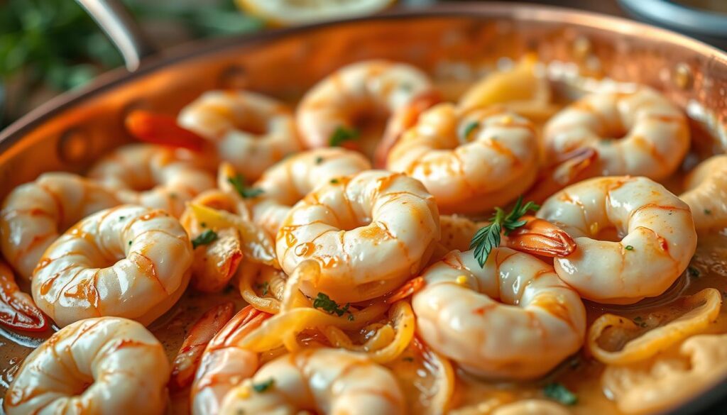 A delectable close-up of creamy garlic shrimp, sizzling in a copper pan with a glossy, silky sauce. The plump, pink shrimp are nestled among crisp, golden-brown garlic slivers, their shells glistening under warm, natural lighting. The foreground is sharply in focus, drawing the eye to the sumptuous, texturally rich dish. The middle ground fades into a softly blurred background, hinting at a rustic, wooden table setting. Hints of fresh herbs and lemon zest add vibrant pops of color and aroma. The overall mood is one of inviting, mouthwatering indulgence. A delectable close-up of creamy garlic shrimp, sizzling in a copper pan with a glossy, silky sauce. The plump, pink shrimp are nestled among crisp, golden-brown garlic slivers, their shells glistening under warm, natural lighting. The foreground is sharply in focus, drawing the eye to the sumptuous, texturally rich dish. The middle ground fades into a softly blurred background, hinting at a rustic, wooden table setting. Hints of fresh herbs and lemon zest add vibrant pops of color and aroma. The overall mood is one of inviting, mouthwatering indulgence.