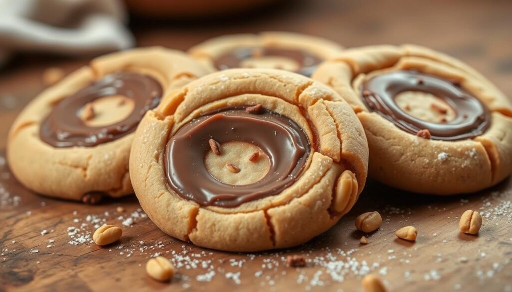 A delectable close-up of freshly baked nutella peanut butter cookies resting on a rustic wooden table. Warm, golden-brown cookies with a soft, chewy texture and a swirling pattern of nutella and peanut butter nestled inside. Crunchy nuts and a light dusting of powdered sugar add texture and visual interest. Soft, natural lighting casts a cozy glow, highlighting the rich, indulgent colors and inviting the viewer to imagine the irresistible aroma and flavor. The cookies are presented simply, allowing their homemade goodness to take center stage in an artful, appetizing composition.
