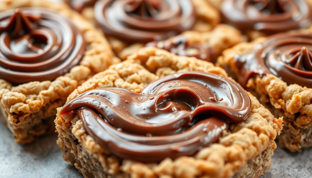 A delectable close-up of freshly baked oatmeal cookie bars, the surface adorned with glistening swirls of rich, creamy Nutella. The warm, golden-brown cookies are layered in the foreground, their buttery aroma wafting through the air. The middle ground showcases the contrast of the oatmeal cookie's hearty texture against the smooth, decadent Nutella. The background features a soft, diffused lighting, casting a cozy, inviting glow over the tempting dessert. The overall composition evokes a sense of homemade comfort and indulgence, perfectly capturing the essence of "Oatmeal Cookie Easy Nutella Bars". A delectable close-up of freshly baked oatmeal cookie bars, the surface adorned with glistening swirls of rich, creamy Nutella. The warm, golden-brown cookies are layered in the foreground, their buttery aroma wafting through the air. The middle ground showcases the contrast of the oatmeal cookie's hearty texture against the smooth, decadent Nutella. The background features a soft, diffused lighting, casting a cozy, inviting glow over the tempting dessert. The overall composition evokes a sense of homemade comfort and indulgence, perfectly capturing the essence of "Oatmeal Cookie Easy Nutella Bars".