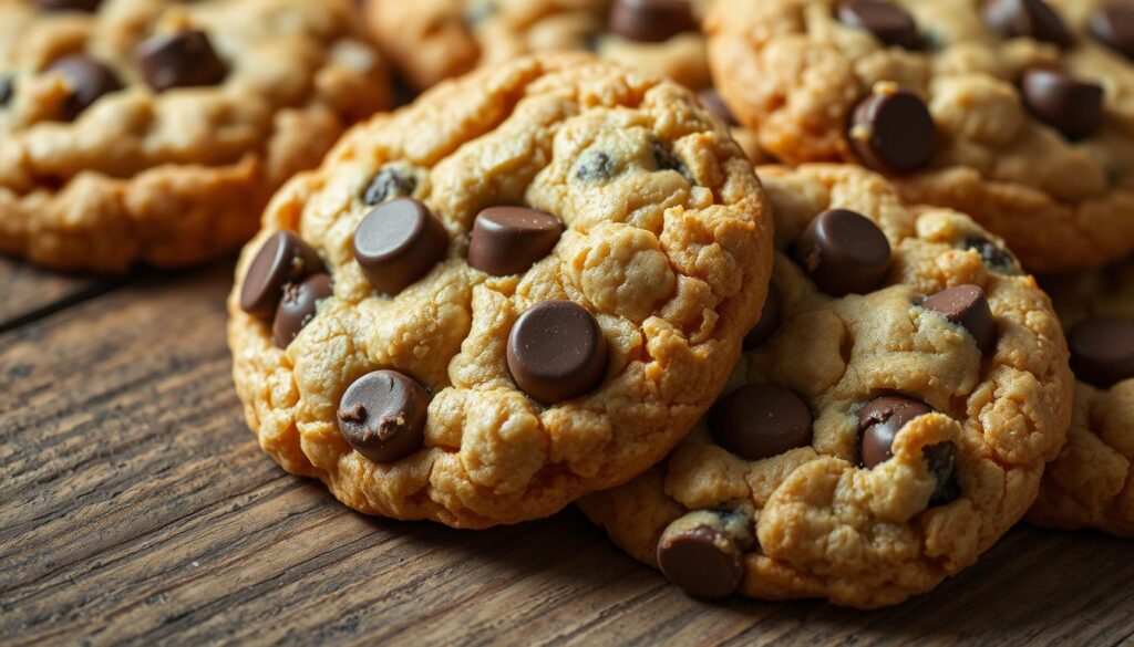 A delectable close-up of freshly baked rice crispy chocolate chip cookies, resting on a rustic wooden surface. The cookies, golden-brown and glistening, are studded with melted chocolate chips that contrast beautifully with the crisp, airy texture of the rice cereal. Soft, ambient lighting highlights the tempting details - the crumbs, the gooey chocolate, and the subtly browned edges. The composition is carefully balanced, drawing the viewer's attention to the inviting cookies, set against a simple, uncluttered background that allows the treats to take center stage. An irresistible, mouthwatering scene that captures the essence of this classic, comforting dessert. A delectable close-up of freshly baked rice crispy chocolate chip cookies, resting on a rustic wooden surface. The cookies, golden-brown and glistening, are studded with melted chocolate chips that contrast beautifully with the crisp, airy texture of the rice cereal. Soft, ambient lighting highlights the tempting details - the crumbs, the gooey chocolate, and the subtly browned edges. The composition is carefully balanced, drawing the viewer's attention to the inviting cookies, set against a simple, uncluttered background that allows the treats to take center stage. An irresistible, mouthwatering scene that captures the essence of this classic, comforting dessert.