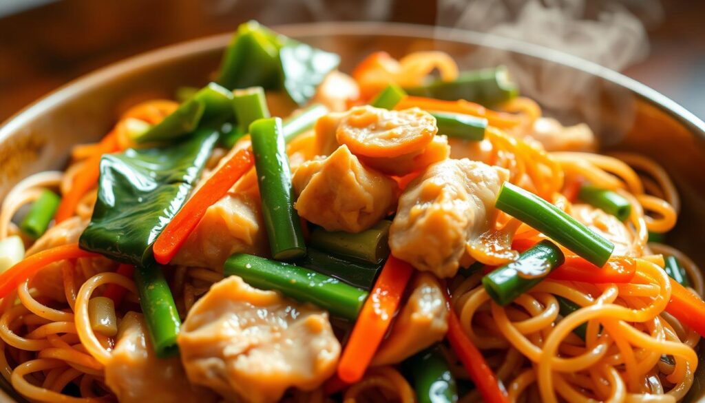 A delectable dish of easy chicken lo mein, steaming hot and glistening with a savory sauce. In the foreground, tender pieces of juicy chicken nestled among a mouthwatering medley of fresh vegetables - julienned carrots, crisp snow peas, and tender baby bok choy. The noodles, cooked to a perfect al dente, twirl and intertwine, coated in a rich, umami-laden sauce. Warm lighting casts a comforting glow, drawing the viewer in, inviting them to savor the flavors. The image is captured from a slightly elevated angle, showcasing the dish's vibrant colors and textures, highlighting the effortless simplicity and homemade appeal of this classic Chinese-American comfort food. A delectable dish of easy chicken lo mein, steaming hot and glistening with a savory sauce. In the foreground, tender pieces of juicy chicken nestled among a mouthwatering medley of fresh vegetables - julienned carrots, crisp snow peas, and tender baby bok choy. The noodles, cooked to a perfect al dente, twirl and intertwine, coated in a rich, umami-laden sauce. Warm lighting casts a comforting glow, drawing the viewer in, inviting them to savor the flavors. The image is captured from a slightly elevated angle, showcasing the dish's vibrant colors and textures, highlighting the effortless simplicity and homemade appeal of this classic Chinese-American comfort food.