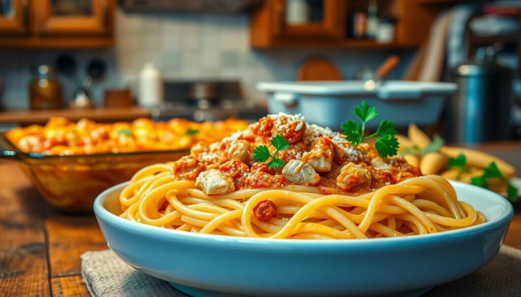 A delectable dish of freshly cooked chicken spaghetti, the aroma of savory tomato sauce and tender chicken wafting through the air. In the foreground, a generous serving of al dente spaghetti noodles, coated in a rich, creamy cheese sauce and topped with juicy, shredded chicken. Vibrant green parsley sprigs and a sprinkle of grated Parmesan add a touch of freshness and color. The middle ground features a steaming hot casserole dish, with a golden-brown, bubbling crust. The background depicts a cozy, rustic kitchen setting, with wooden cabinets and shelves displaying an array of cooking utensils and spices. Warm, soft lighting casts a comforting glow, inviting the viewer to savor every bite of this irresistible chicken spaghetti recipe. A delectable dish of freshly cooked chicken spaghetti, the aroma of savory tomato sauce and tender chicken wafting through the air. In the foreground, a generous serving of al dente spaghetti noodles, coated in a rich, creamy cheese sauce and topped with juicy, shredded chicken. Vibrant green parsley sprigs and a sprinkle of grated Parmesan add a touch of freshness and color. The middle ground features a steaming hot casserole dish, with a golden-brown, bubbling crust. The background depicts a cozy, rustic kitchen setting, with wooden cabinets and shelves displaying an array of cooking utensils and spices. Warm, soft lighting casts a comforting glow, inviting the viewer to savor every bite of this irresistible chicken spaghetti recipe.