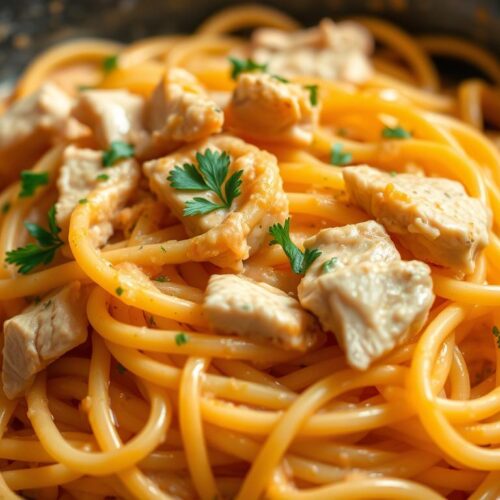 A delectable dish of perfectly cooked spaghetti noodles, nestled in a rich, creamy chicken-infused sauce. Tender pieces of juicy white meat chicken are interwoven throughout, adding savory flavor and texture. The pasta is al dente, with a slight twirl to the strands, creating a visually appealing presentation. Garnished with delicate sprigs of fresh parsley, the dish emanates a homemade, comforting aroma. Warm, ambient lighting casts a soft glow, highlighting the dish's inviting nature. Captured from a high angle, the image showcases the dish's layered components, enticing the viewer to dive in and savor every bite of this easy, yet delightful chicken spaghetti.
