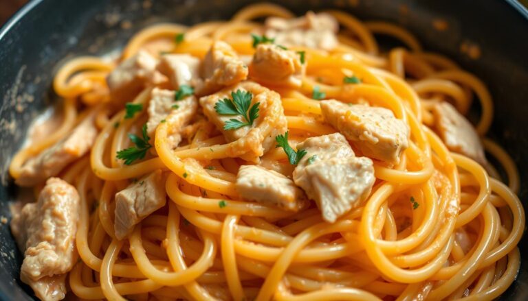 A delectable dish of perfectly cooked spaghetti noodles, nestled in a rich, creamy chicken-infused sauce. Tender pieces of juicy white meat chicken are interwoven throughout, adding savory flavor and texture. The pasta is al dente, with a slight twirl to the strands, creating a visually appealing presentation. Garnished with delicate sprigs of fresh parsley, the dish emanates a homemade, comforting aroma. Warm, ambient lighting casts a soft glow, highlighting the dish's inviting nature. Captured from a high angle, the image showcases the dish's layered components, enticing the viewer to dive in and savor every bite of this easy, yet delightful chicken spaghetti.