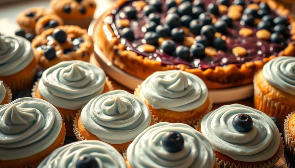 A delectable display of blueberry-infused treats, bathed in soft, warm light and captured from a high angle. In the foreground, an assortment of blueberry-studded cupcakes, their fluffy, pastel-blue frosting glistening invitingly. Surrounding them, a scattering of freshly baked blueberry muffins, their golden-brown tops speckled with juicy, plump berries. In the middle ground, a luscious blueberry cheesecake, its silky, indigo-hued filling topped with a scattering of vibrant, glistening blueberries. In the background, a blueberry crumble pie, its crust a buttery, golden-brown, the deep-purple fruit peeking through a lattice of crumbly topping. The scene is bathed in a warm, soft glow, creating a cozy, inviting atmosphere that perfectly captures the essence of delectable blueberry desserts. A delectable display of blueberry-infused treats, bathed in soft, warm light and captured from a high angle. In the foreground, an assortment of blueberry-studded cupcakes, their fluffy, pastel-blue frosting glistening invitingly. Surrounding them, a scattering of freshly baked blueberry muffins, their golden-brown tops speckled with juicy, plump berries. In the middle ground, a luscious blueberry cheesecake, its silky, indigo-hued filling topped with a scattering of vibrant, glistening blueberries. In the background, a blueberry crumble pie, its crust a buttery, golden-brown, the deep-purple fruit peeking through a lattice of crumbly topping. The scene is bathed in a warm, soft glow, creating a cozy, inviting atmosphere that perfectly captures the essence of delectable blueberry desserts.