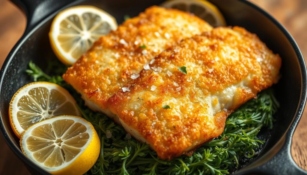 A delectable display of freshly fried cod fish, sizzling in a cast-iron skillet. The fish, coated in a golden-brown, crispy batter, rests atop a bed of tender, fragrant herbs. Vibrant lemon wedges and a sprinkle of flaky sea salt add a touch of brightness, while the warm, inviting lighting casts a cozy glow, creating a mouthwatering scene. The image exudes the comforting aroma of a classic fried cod fish dish, perfect for a satisfying meal or featured in a culinary article on easy and delicious cod fish recipes. A delectable display of freshly fried cod fish, sizzling in a cast-iron skillet. The fish, coated in a golden-brown, crispy batter, rests atop a bed of tender, fragrant herbs. Vibrant lemon wedges and a sprinkle of flaky sea salt add a touch of brightness, while the warm, inviting lighting casts a cozy glow, creating a mouthwatering scene. The image exudes the comforting aroma of a classic fried cod fish dish, perfect for a satisfying meal or featured in a culinary article on easy and delicious cod fish recipes.