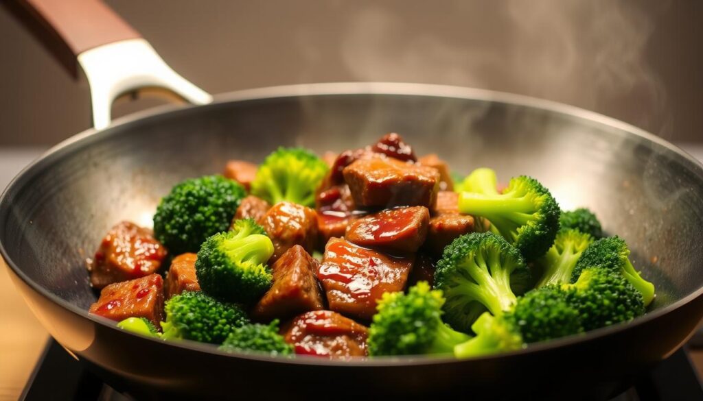 A delectable feast of succulent beef and vibrant broccoli florets, sizzling in a wok under the warm glow of a soft, diffused light. The beef, expertly seared, glistens with a rich, caramelized soy glaze, while the broccoli retains its crisp, emerald hue, perfectly balanced in a harmonious blend of textures and flavors. The scene is set against a minimalist background, allowing the dish to take center stage, inviting the viewer to savor the mouthwatering aroma and anticipate the satisfying bite of this quick, yet indulgent, beef and broccoli creation.