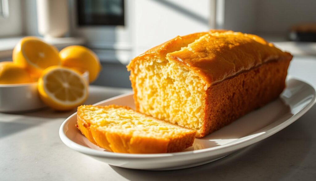 A delectable lemon loaf cake, freshly baked and glistening with a golden crust. The soft, moist crumb is infused with the tangy aroma of lemon zest, creating a harmonious balance of flavors. Sliced evenly, the cake reveals a vibrant yellow interior, inviting the viewer to imagine the burst of citrus on the tongue. Arranged on a pristine white plate, the loaf is illuminated by warm, natural lighting, casting gentle shadows that accentuate its inviting texture. In the background, a minimalist kitchen setting with neutral tones provides a clean and uncluttered backdrop, allowing the cake to take center stage and entice the senses. A delectable lemon loaf cake, freshly baked and glistening with a golden crust. The soft, moist crumb is infused with the tangy aroma of lemon zest, creating a harmonious balance of flavors. Sliced evenly, the cake reveals a vibrant yellow interior, inviting the viewer to imagine the burst of citrus on the tongue. Arranged on a pristine white plate, the loaf is illuminated by warm, natural lighting, casting gentle shadows that accentuate its inviting texture. In the background, a minimalist kitchen setting with neutral tones provides a clean and uncluttered backdrop, allowing the cake to take center stage and entice the senses.