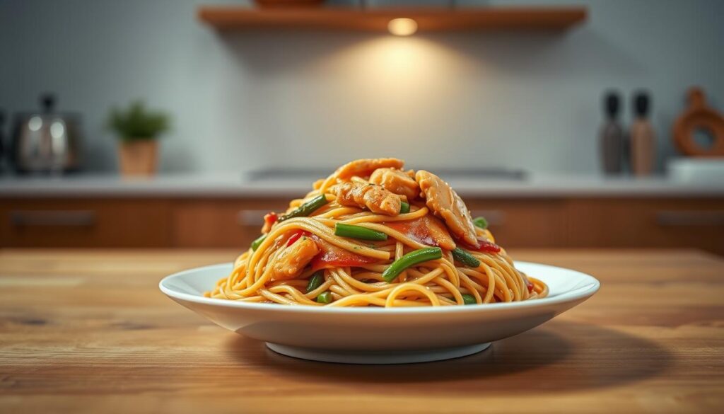 A delectable lo mein dish, freshly prepared, sits atop a wooden table. The noodles, glistening with a savory sauce, are entwined with tender chicken, crisp vegetables, and a subtle blend of herbs and spices. Soft lighting casts a warm glow, highlighting the dish's inviting aroma and vibrant colors. In the background, a minimalist kitchen setting evokes a cozy, homey atmosphere, perfect for a quick weeknight meal. The composition captures the ease and simplicity of this satisfying, well-balanced dish, making it an ideal choice for a fast, flavorful dinner. A delectable lo mein dish, freshly prepared, sits atop a wooden table. The noodles, glistening with a savory sauce, are entwined with tender chicken, crisp vegetables, and a subtle blend of herbs and spices. Soft lighting casts a warm glow, highlighting the dish's inviting aroma and vibrant colors. In the background, a minimalist kitchen setting evokes a cozy, homey atmosphere, perfect for a quick weeknight meal. The composition captures the ease and simplicity of this satisfying, well-balanced dish, making it an ideal choice for a fast, flavorful dinner.