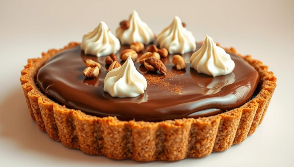 A delectable no-bake Nutella pie sits atop a flaky graham cracker crust, its glossy chocolate-hazelnut filling glistening under warm studio lighting. Carefully piped whipped cream dollops adorn the decadent surface, while toasted hazelnuts and a light dusting of cocoa powder add a rustic, homemade touch. The pie is photographed from a low angle, emphasizing its luscious texture and inviting appearance, set against a clean, minimalist background that allows the dessert to be the undisputed star of the scene. A delectable no-bake Nutella pie sits atop a flaky graham cracker crust, its glossy chocolate-hazelnut filling glistening under warm studio lighting. Carefully piped whipped cream dollops adorn the decadent surface, while toasted hazelnuts and a light dusting of cocoa powder add a rustic, homemade touch. The pie is photographed from a low angle, emphasizing its luscious texture and inviting appearance, set against a clean, minimalist background that allows the dessert to be the undisputed star of the scene.