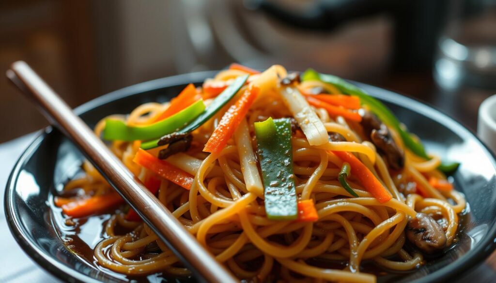 A delectable pile of soy sauce noodles, glistening under soft natural lighting, fills the frame. In the foreground, freshly cooked ramen noodles intermingle with julienned vegetables - vibrant carrots, crisp snow peas, and earthy shiitake mushrooms. The noodles are coated in a rich, savory soy sauce glaze, hinting at the complex flavors to come. In the middle ground, a pair of wooden chopsticks rest beside the noodles, inviting the viewer to dive in. The background is blurred, emphasizing the mouthwatering dish at the center. The overall mood is one of simple, satisfying comfort, capturing the essence of this classic Asian street food. A delectable pile of soy sauce noodles, glistening under soft natural lighting, fills the frame. In the foreground, freshly cooked ramen noodles intermingle with julienned vegetables - vibrant carrots, crisp snow peas, and earthy shiitake mushrooms. The noodles are coated in a rich, savory soy sauce glaze, hinting at the complex flavors to come. In the middle ground, a pair of wooden chopsticks rest beside the noodles, inviting the viewer to dive in. The background is blurred, emphasizing the mouthwatering dish at the center. The overall mood is one of simple, satisfying comfort, capturing the essence of this classic Asian street food.