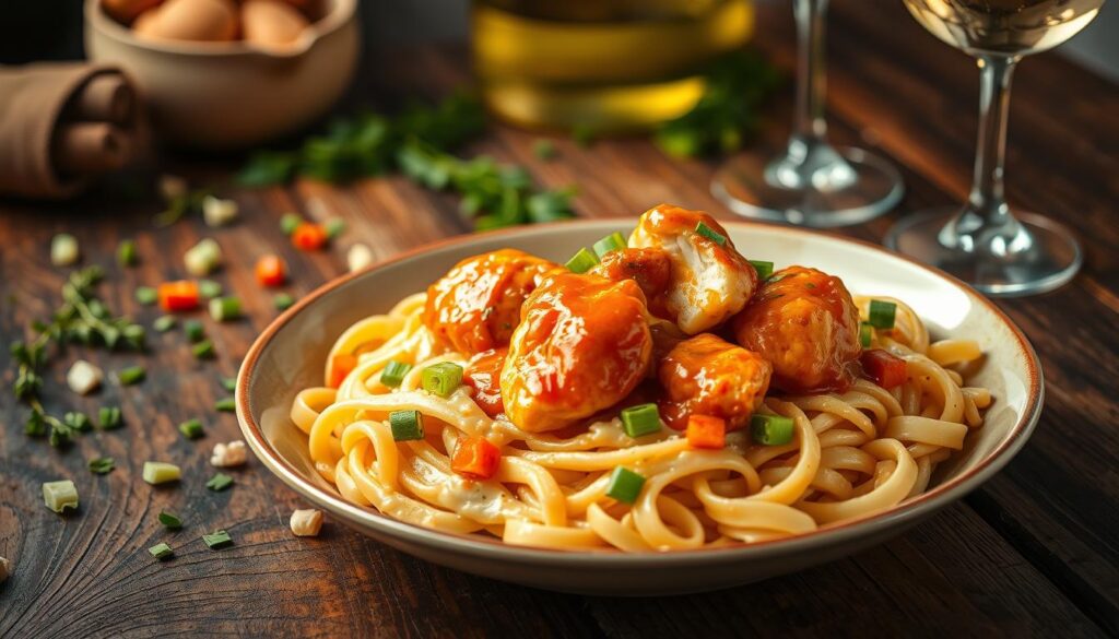 A delectable plate of buffalo chicken alfredo pasta, simmering under warm, golden lighting. In the foreground, tender chicken bites coated in a vibrant, spicy-sweet buffalo sauce rest atop a bed of al dente pasta, enveloped in a rich, creamy alfredo sauce. The middle ground features an assortment of fresh, crisp vegetables such as diced celery and carrots, adding pops of color and crunch. The background showcases a rustic wooden table, with a scattering of fresh herbs and a glass of white wine, evoking a cozy, inviting atmosphere. The entire scene is captured with a shallow depth of field, drawing the viewer's focus to the sumptuous, mouthwatering main dish. A delectable plate of buffalo chicken alfredo pasta, simmering under warm, golden lighting. In the foreground, tender chicken bites coated in a vibrant, spicy-sweet buffalo sauce rest atop a bed of al dente pasta, enveloped in a rich, creamy alfredo sauce. The middle ground features an assortment of fresh, crisp vegetables such as diced celery and carrots, adding pops of color and crunch. The background showcases a rustic wooden table, with a scattering of fresh herbs and a glass of white wine, evoking a cozy, inviting atmosphere. The entire scene is captured with a shallow depth of field, drawing the viewer's focus to the sumptuous, mouthwatering main dish.