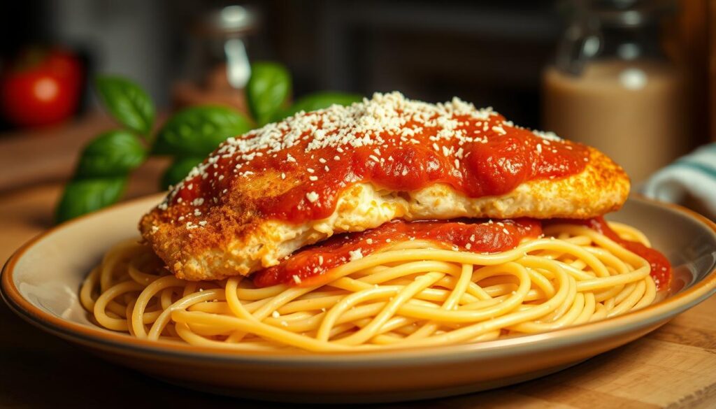 A delectable plate of chicken parmesan pasta, the centerpiece of the frame. Crispy breaded chicken cutlets, blanketed in a rich, creamy tomato sauce, nestled atop a bed of al dente spaghetti. Grated parmesan cheese dusts the top, creating a golden, melted crust. The lighting is warm and inviting, casting a subtle glow across the dish. The composition places the pasta in the foreground, allowing the textures and colors to shine. The background is softly blurred, keeping the focus on the mouthwatering meal. An atmosphere of rustic Italian charm and homemade comfort permeates the scene. A delectable plate of chicken parmesan pasta, the centerpiece of the frame. Crispy breaded chicken cutlets, blanketed in a rich, creamy tomato sauce, nestled atop a bed of al dente spaghetti. Grated parmesan cheese dusts the top, creating a golden, melted crust. The lighting is warm and inviting, casting a subtle glow across the dish. The composition places the pasta in the foreground, allowing the textures and colors to shine. The background is softly blurred, keeping the focus on the mouthwatering meal. An atmosphere of rustic Italian charm and homemade comfort permeates the scene.