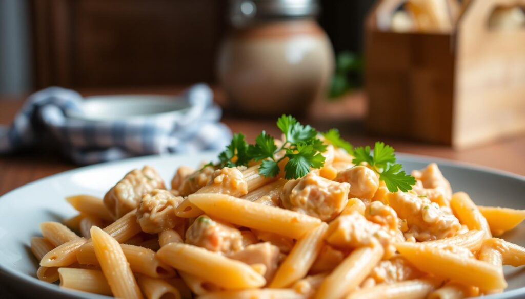 A delectable plate of creamy chicken penne is showcased in a warm, inviting setting. The foreground features al dente penne pasta, coated in a rich, creamy sauce, with tender chunks of juicy chicken throughout. The middle ground highlights a garnish of freshly chopped parsley, adding a vibrant pop of color and a touch of herbaceous flavor. In the background, a wooden table or surface provides a rustic, homey backdrop, complemented by soft, diffused lighting that casts a cozy, appetizing glow over the entire scene. The overall mood is one of comforting, homemade cuisine, enticing the viewer to indulge in this satisfying and flavorful pasta dish. A delectable plate of creamy chicken penne is showcased in a warm, inviting setting. The foreground features al dente penne pasta, coated in a rich, creamy sauce, with tender chunks of juicy chicken throughout. The middle ground highlights a garnish of freshly chopped parsley, adding a vibrant pop of color and a touch of herbaceous flavor. In the background, a wooden table or surface provides a rustic, homey backdrop, complemented by soft, diffused lighting that casts a cozy, appetizing glow over the entire scene. The overall mood is one of comforting, homemade cuisine, enticing the viewer to indulge in this satisfying and flavorful pasta dish.