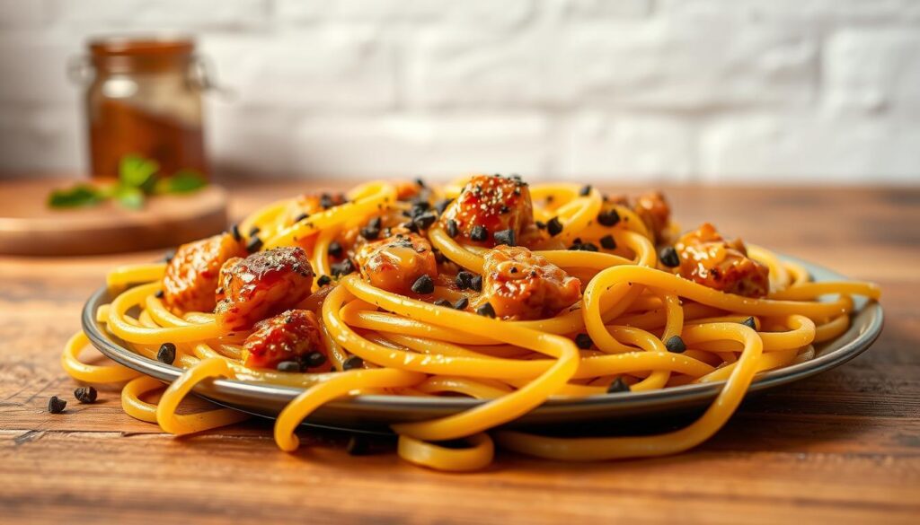 A delectable plate of honey pepper pasta, the centerpiece of an inviting culinary scene. In the foreground, perfectly al dente linguine noodles are coated in a glistening honey-infused sauce, with vibrant pops of crushed black peppercorns adding depth and complexity. Scattered throughout are tender chicken pieces, seared to a delightful golden-brown hue. The middle ground features a wooden table, its rustic charm complementing the dish's homemade aesthetic. Soft, diffused lighting casts an inviting glow, creating a welcoming atmosphere. In the background, a simple white wall provides a clean, uncluttered backdrop, allowing the pasta's vibrant colors and textures to take center stage. The overall impression is one of comfort, flavor, and the joy of sharing a delicious, homemade meal. A delectable plate of honey pepper pasta, the centerpiece of an inviting culinary scene. In the foreground, perfectly al dente linguine noodles are coated in a glistening honey-infused sauce, with vibrant pops of crushed black peppercorns adding depth and complexity. Scattered throughout are tender chicken pieces, seared to a delightful golden-brown hue. The middle ground features a wooden table, its rustic charm complementing the dish's homemade aesthetic. Soft, diffused lighting casts an inviting glow, creating a welcoming atmosphere. In the background, a simple white wall provides a clean, uncluttered backdrop, allowing the pasta's vibrant colors and textures to take center stage. The overall impression is one of comfort, flavor, and the joy of sharing a delicious, homemade meal.
