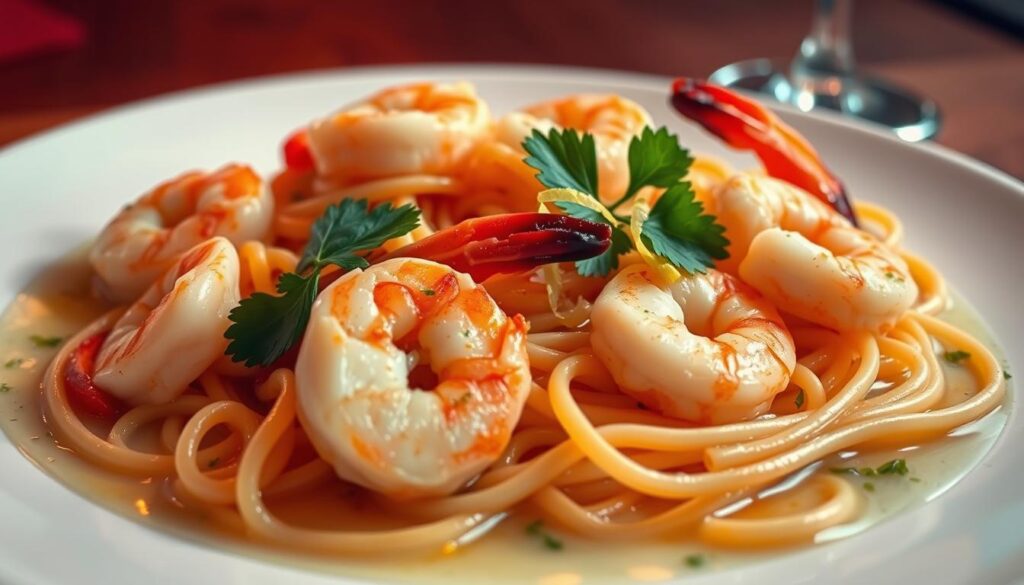 A delectable plate of shrimp scampi sits before us, the succulent crustaceans nestled in a pool of garlic-infused butter sauce. The shrimp, seared to perfection, exude a golden glow under the warm, diffused lighting. Glistening strands of linguine intertwine with the shrimp, creating a harmonious composition. Slivers of fresh parsley add a vibrant pop of green, while a sprinkle of lemon zest lends a subtle citrus note. The scene is captured from a slightly elevated angle, allowing the viewer to appreciate the generous portion and the tantalizing aromas wafting from the dish. This mouthwatering image perfectly captures the essence of the classic shrimp scampi, setting the stage for a delightful culinary exploration. A delectable plate of shrimp scampi sits before us, the succulent crustaceans nestled in a pool of garlic-infused butter sauce. The shrimp, seared to perfection, exude a golden glow under the warm, diffused lighting. Glistening strands of linguine intertwine with the shrimp, creating a harmonious composition. Slivers of fresh parsley add a vibrant pop of green, while a sprinkle of lemon zest lends a subtle citrus note. The scene is captured from a slightly elevated angle, allowing the viewer to appreciate the generous portion and the tantalizing aromas wafting from the dish. This mouthwatering image perfectly captures the essence of the classic shrimp scampi, setting the stage for a delightful culinary exploration.
