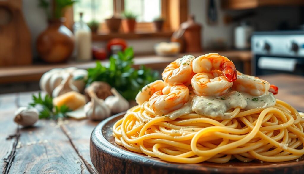 A delectable shrimp alfredo dish set against a warm, inviting kitchen scene. In the foreground, juicy shrimp coated in a rich, creamy alfredo sauce, nestled atop perfectly al dente fettuccine. The vibrant colors of the shrimp and sauce are accentuated by soft, diffused lighting, creating a mouthwatering visual. In the middle ground, an array of fresh herbs, garlic, and Parmesan cheese add depth and complexity to the composition. The background features a rustic wooden table, complemented by earthy tones and the gentle glow of a window, emanating a cozy, homemade ambiance. The overall scene conveys the simplicity and indulgence of this easy, 30-minute shrimp alfredo recipe. A delectable shrimp alfredo dish set against a warm, inviting kitchen scene. In the foreground, juicy shrimp coated in a rich, creamy alfredo sauce, nestled atop perfectly al dente fettuccine. The vibrant colors of the shrimp and sauce are accentuated by soft, diffused lighting, creating a mouthwatering visual. In the middle ground, an array of fresh herbs, garlic, and Parmesan cheese add depth and complexity to the composition. The background features a rustic wooden table, complemented by earthy tones and the gentle glow of a window, emanating a cozy, homemade ambiance. The overall scene conveys the simplicity and indulgence of this easy, 30-minute shrimp alfredo recipe.