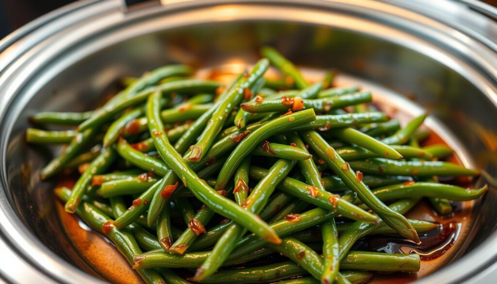 A delectable spread of freshly steamed Chinese buffet-style green beans, glistening with a light soy-based glaze, nestled atop a warm stainless steel serving tray. The vibrant emerald hues of the beans pop against the muted tones of the tray, creating a visually appetizing scene. Soft, diffused lighting from above casts a warm glow, accentuating the succulent textures and inviting aroma. The composition is crisp and clean, with a shallow depth of field that draws the viewer's focus directly to the star of the dish - the perfectly cooked, flavorful green beans. A delectable spread of freshly steamed Chinese buffet-style green beans, glistening with a light soy-based glaze, nestled atop a warm stainless steel serving tray. The vibrant emerald hues of the beans pop against the muted tones of the tray, creating a visually appetizing scene. Soft, diffused lighting from above casts a warm glow, accentuating the succulent textures and inviting aroma. The composition is crisp and clean, with a shallow depth of field that draws the viewer's focus directly to the star of the dish - the perfectly cooked, flavorful green beans.
