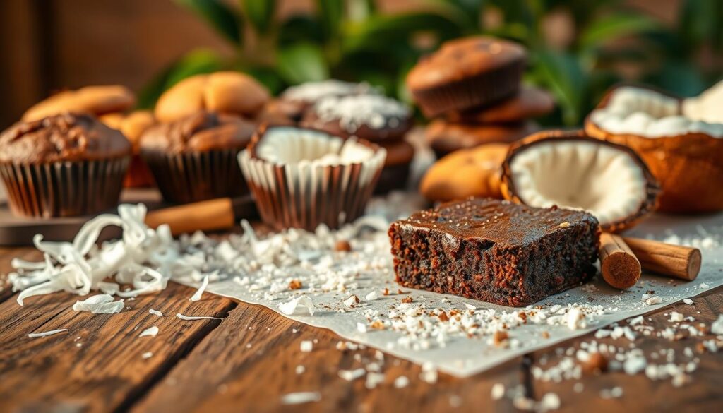 A delectable spread of homemade coconut flour desserts sits elegantly on a rustic wooden table, bathed in warm, soft lighting. In the foreground, a decadent coconut flour brownie, its rich, fudgy texture glistening invitingly. Surrounding it, an array of complementary treats - coconut flour muffins, cookies, and perhaps a creamy coconut flour-based pudding or custard. The middle ground showcases the natural beauty of the ingredients, with fresh coconut shavings, coconut oil, and a sprinkling of cinnamon. In the background, a gentle blur of lush greenery, hinting at the wholesome, homemade origins of these delectable delights. The overall mood is one of comfort, indulgence, and a celebration of the versatility of coconut flour in creating truly tempting desserts. A delectable spread of homemade coconut flour desserts sits elegantly on a rustic wooden table, bathed in warm, soft lighting. In the foreground, a decadent coconut flour brownie, its rich, fudgy texture glistening invitingly. Surrounding it, an array of complementary treats - coconut flour muffins, cookies, and perhaps a creamy coconut flour-based pudding or custard. The middle ground showcases the natural beauty of the ingredients, with fresh coconut shavings, coconut oil, and a sprinkling of cinnamon. In the background, a gentle blur of lush greenery, hinting at the wholesome, homemade origins of these delectable delights. The overall mood is one of comfort, indulgence, and a celebration of the versatility of coconut flour in creating truly tempting desserts.