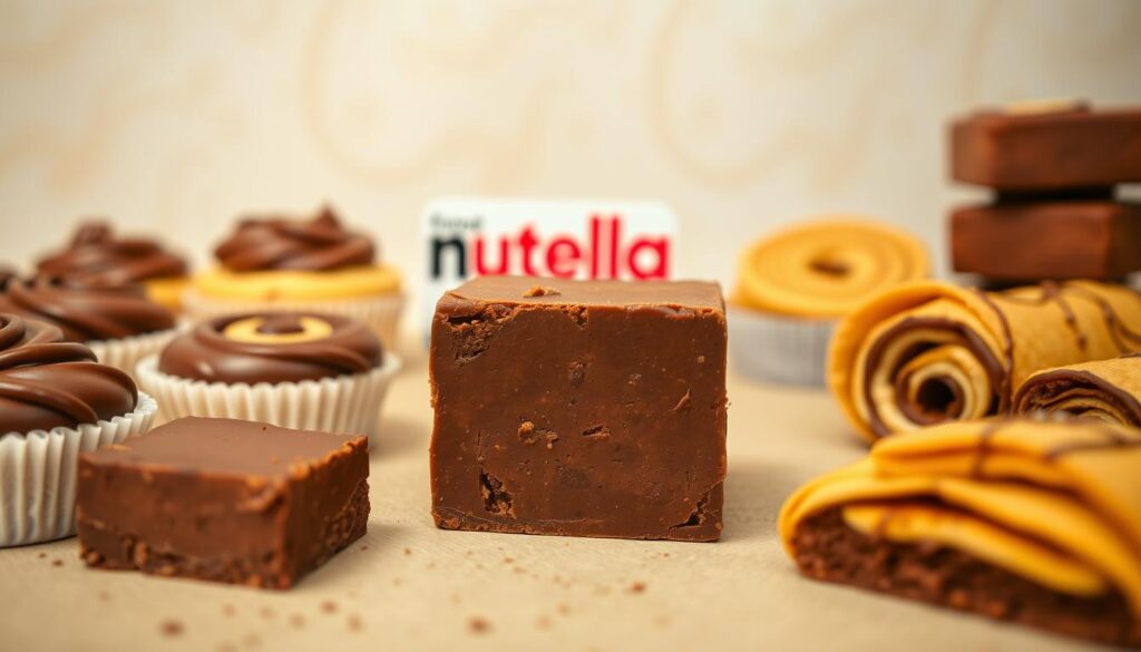A delectable spread of mouthwatering Nutella desserts, artfully arranged against a soft, neutral background. In the foreground, a decadent Nutella fudge, its rich, glossy texture beckoning the viewer. Surrounding it, an assortment of tempting Nutella-based treats, such as creamy Nutella cheesecake bites, fluffy Nutella swirl muffins, and indulgent Nutella-stuffed crêpes, each perfectly proportioned and beautifully presented. The lighting is warm and inviting, casting a subtle glow that enhances the depth and richness of the Nutella hues. The overall composition is balanced, with a focus on the central fudge creation, creating a visually appealing and appetizing scene that captures the essence of the "2 Ingredient Nutella Fudge" introduction. A delectable spread of mouthwatering Nutella desserts, artfully arranged against a soft, neutral background. In the foreground, a decadent Nutella fudge, its rich, glossy texture beckoning the viewer. Surrounding it, an assortment of tempting Nutella-based treats, such as creamy Nutella cheesecake bites, fluffy Nutella swirl muffins, and indulgent Nutella-stuffed crêpes, each perfectly proportioned and beautifully presented. The lighting is warm and inviting, casting a subtle glow that enhances the depth and richness of the Nutella hues. The overall composition is balanced, with a focus on the central fudge creation, creating a visually appealing and appetizing scene that captures the essence of the "2 Ingredient Nutella Fudge" introduction.