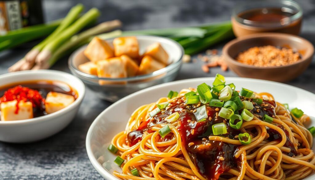 A delectable spread of quick soy sauce meals, captured in a crisp, well-lit scene. In the foreground, a plate of steaming hot noodles, tossed with a savory soy sauce blend, garnished with sliced scallions and toasted sesame seeds. In the middle ground, a bowl of marinated tofu cubes, glistening with a glossy soy-based sauce. In the background, a selection of fresh ingredients, including a bottle of soy sauce, a bundle of green onions, and a sprinkle of crushed red pepper flakes, conveying the effortless simplicity of these nourishing dishes. The overall atmosphere exudes a sense of warmth, comfort, and the alluring aroma of a quick, flavor-packed meal. A delectable spread of quick soy sauce meals, captured in a crisp, well-lit scene. In the foreground, a plate of steaming hot noodles, tossed with a savory soy sauce blend, garnished with sliced scallions and toasted sesame seeds. In the middle ground, a bowl of marinated tofu cubes, glistening with a glossy soy-based sauce. In the background, a selection of fresh ingredients, including a bottle of soy sauce, a bundle of green onions, and a sprinkle of crushed red pepper flakes, conveying the effortless simplicity of these nourishing dishes. The overall atmosphere exudes a sense of warmth, comfort, and the alluring aroma of a quick, flavor-packed meal.