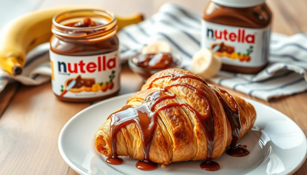 A delectable still life of a Nutella breakfast spread. In the foreground, a golden-crusted croissant sits on a pristine white plate, drizzled with glossy Nutella and accompanied by a small jar of the rich, hazelnut spread. In the middle ground, a ripe banana is sliced, the creamy Nutella coating its surface, creating a tempting contrast of textures. The background features a wooden table with a striped linen napkin, casting a warm, cozy ambiance. The scene is bathed in soft, natural lighting, highlighting the inviting colors and textures of this perfect breakfast treat. A delectable still life of a Nutella breakfast spread. In the foreground, a golden-crusted croissant sits on a pristine white plate, drizzled with glossy Nutella and accompanied by a small jar of the rich, hazelnut spread. In the middle ground, a ripe banana is sliced, the creamy Nutella coating its surface, creating a tempting contrast of textures. The background features a wooden table with a striped linen napkin, casting a warm, cozy ambiance. The scene is bathed in soft, natural lighting, highlighting the inviting colors and textures of this perfect breakfast treat.