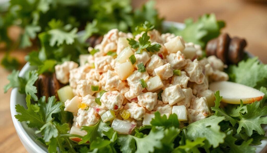 A delectable tuna salad rests on a crisp bed of mixed greens, its creamy texture punctuated by the crunch of diced celery and onion. The tuna, lightly dressed in a tangy mayonnaise-based dressing, is accented by the subtle sweetness of diced granny smith apples and the herbaceous notes of freshly chopped parsley. The scene is bathed in soft, natural lighting, creating a warm, inviting atmosphere that beckons the viewer to savor every bite. The image is captured from a slightly elevated angle, allowing the viewer to appreciate the layered textures and vibrant colors of this classic and comforting dish. A delectable tuna salad rests on a crisp bed of mixed greens, its creamy texture punctuated by the crunch of diced celery and onion. The tuna, lightly dressed in a tangy mayonnaise-based dressing, is accented by the subtle sweetness of diced granny smith apples and the herbaceous notes of freshly chopped parsley. The scene is bathed in soft, natural lighting, creating a warm, inviting atmosphere that beckons the viewer to savor every bite. The image is captured from a slightly elevated angle, allowing the viewer to appreciate the layered textures and vibrant colors of this classic and comforting dish.