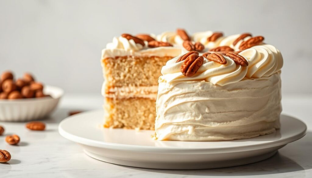 A delicate, mouthwatering keto vanilla cake rests on a white platter, its golden-brown surface gleaming under soft, natural lighting. Layers of fluffy, moist sponge are sandwiched between creamy vanilla buttercream, the frosting swirled in elegant patterns. Almonds and crunchy pecans adorn the top, adding a delicate crunch. The cake's pristine appearance exudes a sense of indulgence, enticing the viewer to imagine its rich, subtly sweet flavor. The scene is captured with a shallow depth of field, placing the cake in sharp focus while the background fades into a soft, ethereal blur, emphasizing the cake's irresistible allure. A delicate, mouthwatering keto vanilla cake rests on a white platter, its golden-brown surface gleaming under soft, natural lighting. Layers of fluffy, moist sponge are sandwiched between creamy vanilla buttercream, the frosting swirled in elegant patterns. Almonds and crunchy pecans adorn the top, adding a delicate crunch. The cake's pristine appearance exudes a sense of indulgence, enticing the viewer to imagine its rich, subtly sweet flavor. The scene is captured with a shallow depth of field, placing the cake in sharp focus while the background fades into a soft, ethereal blur, emphasizing the cake's irresistible allure.