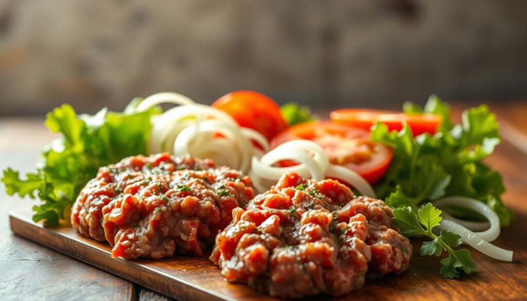 A deliciously appetizing arrangement of hamburger steak ingredients resting on a rustic wooden surface, bathed in warm, natural lighting. In the foreground, an array of freshly ground beef, seasoned with salt, pepper, and aromatic herbs. In the middle ground, a selection of thinly sliced onions, juicy tomatoes, and crisp lettuce leaves, meticulously arranged. The background features a subtle, blurred backdrop, evoking a sense of homemade, down-to-earth charm. The overall composition captures the essence of the classic Cracker Barrel hamburger steak, inviting the viewer to imagine the mouthwatering flavors and textures of this beloved dish. A deliciously appetizing arrangement of hamburger steak ingredients resting on a rustic wooden surface, bathed in warm, natural lighting. In the foreground, an array of freshly ground beef, seasoned with salt, pepper, and aromatic herbs. In the middle ground, a selection of thinly sliced onions, juicy tomatoes, and crisp lettuce leaves, meticulously arranged. The background features a subtle, blurred backdrop, evoking a sense of homemade, down-to-earth charm. The overall composition captures the essence of the classic Cracker Barrel hamburger steak, inviting the viewer to imagine the mouthwatering flavors and textures of this beloved dish.