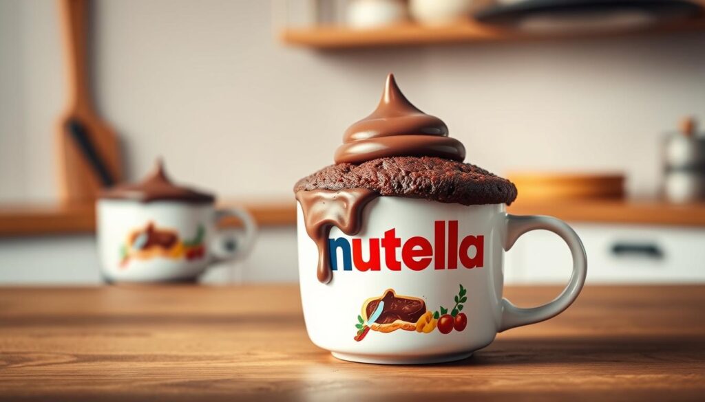 A delightful and tempting Nutella mug cake sits atop a wooden table, its rich, chocolatey aroma wafting through the air. The cake's moist, fluffy texture is accentuated by a dollop of creamy Nutella on top, creating a visually appealing and indulgent dessert. Warm, soft lighting illuminates the scene, casting a cozy and inviting atmosphere. In the background, a simple, minimalist kitchen setting provides a clean and uncluttered backdrop, allowing the mug cake to take center stage. The image captures the convenience, simplicity, and irresistible allure of a homemade Nutella mug cake, showcasing the benefits of this delectable treat. A delightful and tempting Nutella mug cake sits atop a wooden table, its rich, chocolatey aroma wafting through the air. The cake's moist, fluffy texture is accentuated by a dollop of creamy Nutella on top, creating a visually appealing and indulgent dessert. Warm, soft lighting illuminates the scene, casting a cozy and inviting atmosphere. In the background, a simple, minimalist kitchen setting provides a clean and uncluttered backdrop, allowing the mug cake to take center stage. The image captures the convenience, simplicity, and irresistible allure of a homemade Nutella mug cake, showcasing the benefits of this delectable treat.