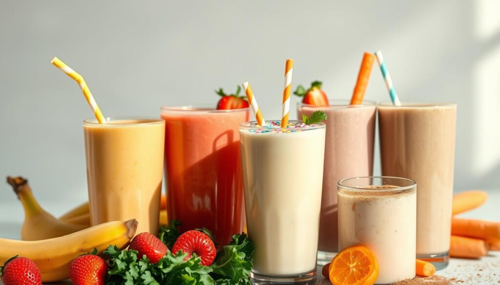 A delightful array of creamy, vibrant smoothies takes center stage, their contents spilling over the edge of tall glasses. The foreground features a variety of fresh fruits and vegetables - ripe bananas, sweet strawberries, leafy kale, and crisp carrots - blended to a luscious, silky consistency. Warm, natural lighting casts a soft glow, highlighting the inviting textures and vibrant hues. In the middle ground, the smoothies are accompanied by playful, child-friendly garnishes such as colorful sprinkles, whimsical paper straws, and a dusting of ground cinnamon. The background maintains a simple, minimalist aesthetic, allowing the smoothies to be the true stars of the scene. The overall mood is one of wholesome indulgence and delightful, family-friendly appeal. A delightful array of creamy, vibrant smoothies takes center stage, their contents spilling over the edge of tall glasses. The foreground features a variety of fresh fruits and vegetables - ripe bananas, sweet strawberries, leafy kale, and crisp carrots - blended to a luscious, silky consistency. Warm, natural lighting casts a soft glow, highlighting the inviting textures and vibrant hues. In the middle ground, the smoothies are accompanied by playful, child-friendly garnishes such as colorful sprinkles, whimsical paper straws, and a dusting of ground cinnamon. The background maintains a simple, minimalist aesthetic, allowing the smoothies to be the true stars of the scene. The overall mood is one of wholesome indulgence and delightful, family-friendly appeal.