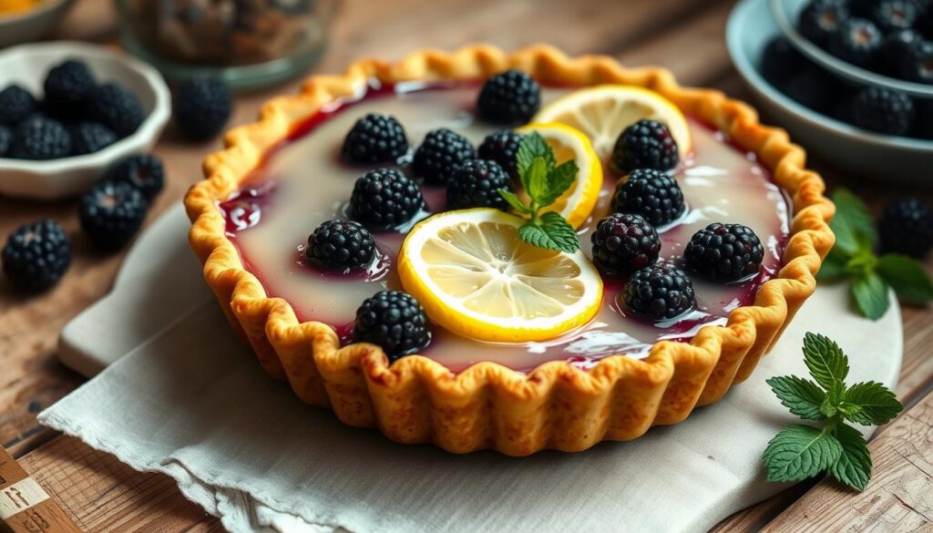 A delightful blackberry lemonade pie sits on a rustic wooden table, its golden crust shimmering in the soft, warm lighting. The deep purple blackberries peek through the translucent lemon glaze, creating a captivating contrast. Slices of fresh lemon and sprigs of mint adorn the plate, adding a refreshing touch. The scene is bathed in a cozy, inviting atmosphere, with a sense of homemade comfort and summer charm. The camera angle is slightly elevated, allowing the viewer to appreciate the pie's alluring details and the textures of the surroundings. This image perfectly captures the essence of the "Introduction to Blackberry Lemonade Pie" section, enticing the reader to explore and savor this delectable dessert.