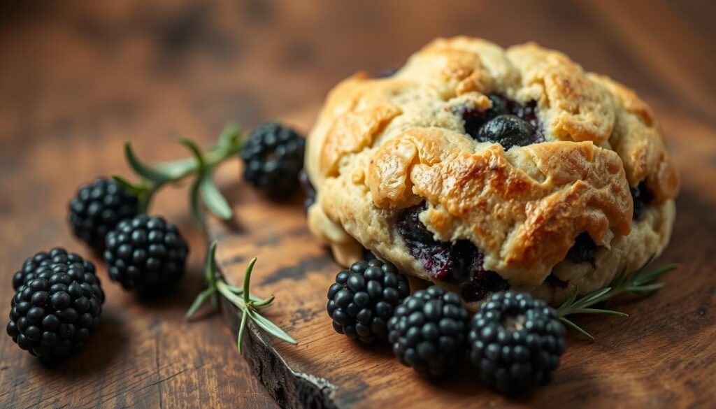 A delightful close-up of a freshly baked blackberry scone, its golden-brown crust glistening under warm, soft lighting. The scone sits atop a rustic wooden surface, surrounded by a few ripe blackberries and a sprig of rosemary for a touch of fragrance. The scene exudes a cozy, inviting atmosphere, inviting the viewer to imagine the tender, flaky texture and the burst of sweet-tart flavor from the juicy blackberries. The composition is simple yet elegant, drawing the eye to the star of the scene - the irresistible blackberry scone.