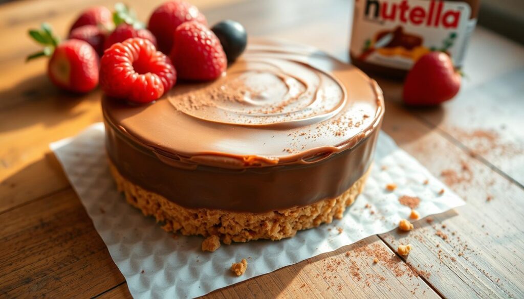 A delightful no-bake dessert on a wooden table, with a smooth, creamy Nutella filling glistening under warm, natural lighting. The crust, made from crushed graham crackers, forms a perfect base, while fresh berries and a dusting of cocoa powder add vibrant pops of color and texture. The scene exudes a sense of effortless elegance, inviting the viewer to indulge in the simplicity and decadence of this tempting treat. The image captures the advantages of a no-bake dessert - its ease of preparation, rich flavors, and visually appealing presentation. A delightful no-bake dessert on a wooden table, with a smooth, creamy Nutella filling glistening under warm, natural lighting. The crust, made from crushed graham crackers, forms a perfect base, while fresh berries and a dusting of cocoa powder add vibrant pops of color and texture. The scene exudes a sense of effortless elegance, inviting the viewer to indulge in the simplicity and decadence of this tempting treat. The image captures the advantages of a no-bake dessert - its ease of preparation, rich flavors, and visually appealing presentation.