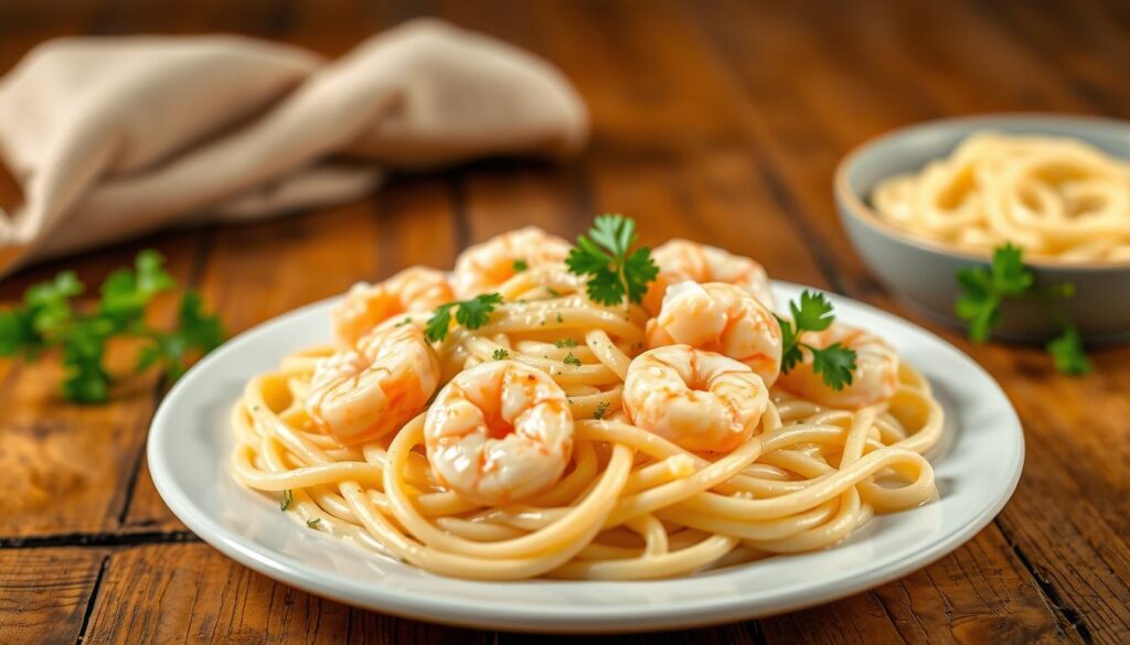 A delightful plate of creamy shrimp alfredo pasta sits atop a rustic wooden table, the silky sauce coating each perfectly cooked noodle. Tender shrimp are nestled throughout, their pink hues contrasting beautifully with the vibrant green of fresh parsley sprigs. Warm, diffused lighting casts a cozy, inviting glow, while a shallow depth of field puts the pasta in sharp focus, highlighting its mouthwatering texture. The scene exudes an air of comfort and homemade indulgence, perfectly capturing the essence of an introduction to this classic, easy-to-prepare shrimp alfredo recipe. A delightful plate of creamy shrimp alfredo pasta sits atop a rustic wooden table, the silky sauce coating each perfectly cooked noodle. Tender shrimp are nestled throughout, their pink hues contrasting beautifully with the vibrant green of fresh parsley sprigs. Warm, diffused lighting casts a cozy, inviting glow, while a shallow depth of field puts the pasta in sharp focus, highlighting its mouthwatering texture. The scene exudes an air of comfort and homemade indulgence, perfectly capturing the essence of an introduction to this classic, easy-to-prepare shrimp alfredo recipe.