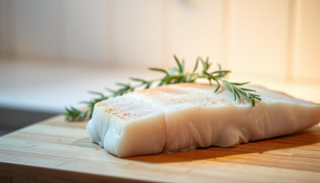A fillet of fresh, mild-flavored cod fish resting on a wooden cutting board, with a light golden-brown sear on the surface. The fish is arranged in the foreground, illuminated by soft, directional lighting that casts subtle shadows and highlights the delicate flakes of the meat. In the middle ground, a sprig of fresh herbs, perhaps dill or parsley, adds a touch of greenery to the composition. The background is slightly blurred, suggesting a clean, minimalist kitchen setting that allows the focus to remain on the simple, yet elegant fish. The overall mood is one of culinary simplicity and the appealing qualities of a versatile, mild-tasting white fish. A fillet of fresh, mild-flavored cod fish resting on a wooden cutting board, with a light golden-brown sear on the surface. The fish is arranged in the foreground, illuminated by soft, directional lighting that casts subtle shadows and highlights the delicate flakes of the meat. In the middle ground, a sprig of fresh herbs, perhaps dill or parsley, adds a touch of greenery to the composition. The background is slightly blurred, suggesting a clean, minimalist kitchen setting that allows the focus to remain on the simple, yet elegant fish. The overall mood is one of culinary simplicity and the appealing qualities of a versatile, mild-tasting white fish.