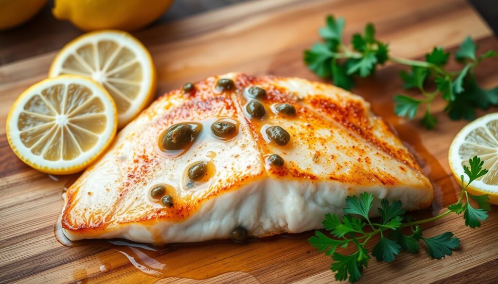 A finely seared swordfish fillet, glistening with a lemon caper sauce, rests on a wooden cutting board. The fish is expertly cooked, with a crisp, golden-brown exterior and a moist, flaky interior. Fresh lemon wedges and sprigs of vibrant green parsley frame the scene, adding pops of color and a sense of freshness. The lighting is soft and natural, casting gentle shadows that accentuate the texture of the swordfish and the glossy sauce. The overall atmosphere is one of culinary sophistication and appetite-inducing allure, inviting the viewer to imagine the bold, tangy flavors of this pan-seared swordfish dish. A finely seared swordfish fillet, glistening with a lemon caper sauce, rests on a wooden cutting board. The fish is expertly cooked, with a crisp, golden-brown exterior and a moist, flaky interior. Fresh lemon wedges and sprigs of vibrant green parsley frame the scene, adding pops of color and a sense of freshness. The lighting is soft and natural, casting gentle shadows that accentuate the texture of the swordfish and the glossy sauce. The overall atmosphere is one of culinary sophistication and appetite-inducing allure, inviting the viewer to imagine the bold, tangy flavors of this pan-seared swordfish dish.