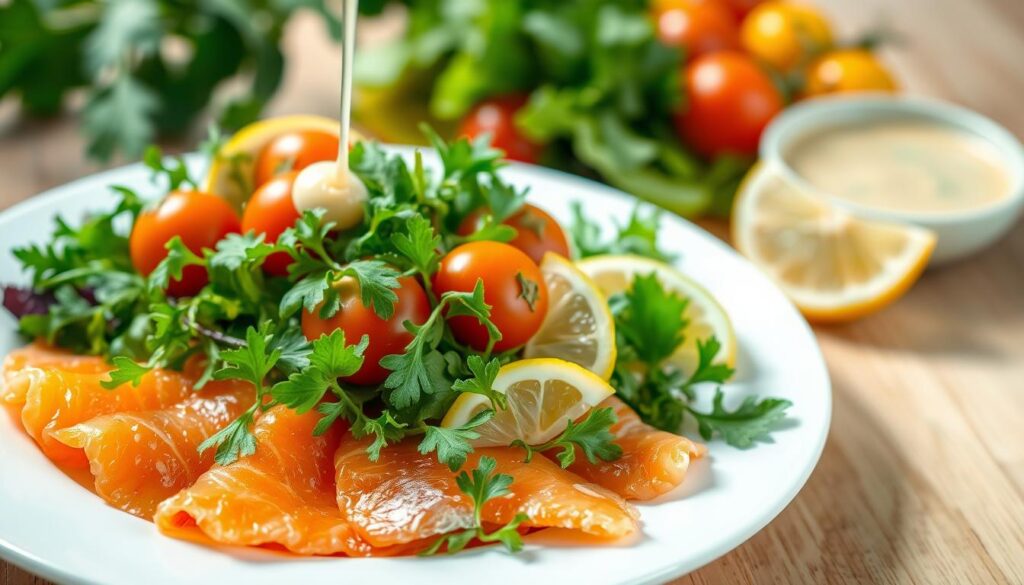 A fresh and vibrant smoked salmon salad, artfully arranged on a pristine white plate. In the foreground, delicate slices of smoky, orange-hued salmon fan out, complemented by a vibrant mix of crisp greens, such as arugula and watercress. Nestled among the greens are juicy wedges of lemon, adding a zesty, citrusy contrast. The middle ground features plump, juicy cherry tomatoes in a variety of colors, adding pops of sweetness and texture. In the background, a creamy, tangy dressing drizzles over the salad, hinting at the flavors to come. The scene is bathed in soft, natural lighting, creating a serene, appetizing atmosphere, inviting the viewer to savor the perfect balance of flavors and textures. A fresh and vibrant smoked salmon salad, artfully arranged on a pristine white plate. In the foreground, delicate slices of smoky, orange-hued salmon fan out, complemented by a vibrant mix of crisp greens, such as arugula and watercress. Nestled among the greens are juicy wedges of lemon, adding a zesty, citrusy contrast. The middle ground features plump, juicy cherry tomatoes in a variety of colors, adding pops of sweetness and texture. In the background, a creamy, tangy dressing drizzles over the salad, hinting at the flavors to come. The scene is bathed in soft, natural lighting, creating a serene, appetizing atmosphere, inviting the viewer to savor the perfect balance of flavors and textures.