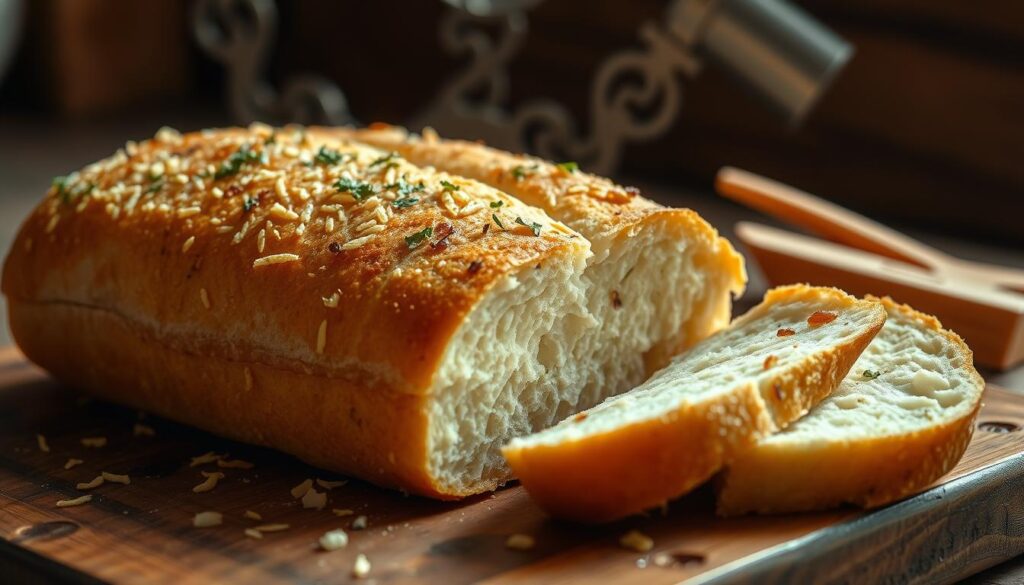 A fresh, golden-brown loaf of homemade garlic bread, its surface adorned with glistening butter and fragrant garlic. The crusty exterior gives way to a soft, pillowy interior, steam wafting invitingly. Carefully sliced, revealing the tender crumb and the telltale specks of minced garlic. Backlit by warm, natural lighting that casts a cozy glow, the bread sits atop a rustic wooden surface, its aroma beckoning the senses. The scene exudes a welcoming, homemade atmosphere, capturing the essence of why homemade garlic bread is a must-try delight. A fresh, golden-brown loaf of homemade garlic bread, its surface adorned with glistening butter and fragrant garlic. The crusty exterior gives way to a soft, pillowy interior, steam wafting invitingly. Carefully sliced, revealing the tender crumb and the telltale specks of minced garlic. Backlit by warm, natural lighting that casts a cozy glow, the bread sits atop a rustic wooden surface, its aroma beckoning the senses. The scene exudes a welcoming, homemade atmosphere, capturing the essence of why homemade garlic bread is a must-try delight.