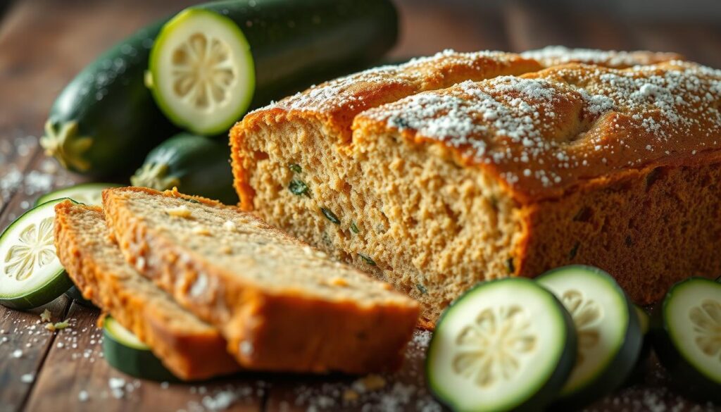 A fresh, golden-brown loaf of homemade zucchini bread sits on a rustic wooden table, surrounded by vibrant green zucchini slices and a light dusting of powdered sugar. The bread's surface is dotted with flecks of shredded zucchini, lending a natural, wholesome appearance. Soft natural lighting from the side illuminates the moist, tender crumb and accentuates the bread's inviting aroma. The composition is captured from a slightly elevated angle, creating a sense of warmth and homemade goodness. This is the perfect image to showcase the health benefits and delicious taste of the BEST zucchini bread recipe. A fresh, golden-brown loaf of homemade zucchini bread sits on a rustic wooden table, surrounded by vibrant green zucchini slices and a light dusting of powdered sugar. The bread's surface is dotted with flecks of shredded zucchini, lending a natural, wholesome appearance. Soft natural lighting from the side illuminates the moist, tender crumb and accentuates the bread's inviting aroma. The composition is captured from a slightly elevated angle, creating a sense of warmth and homemade goodness. This is the perfect image to showcase the health benefits and delicious taste of the BEST zucchini bread recipe.