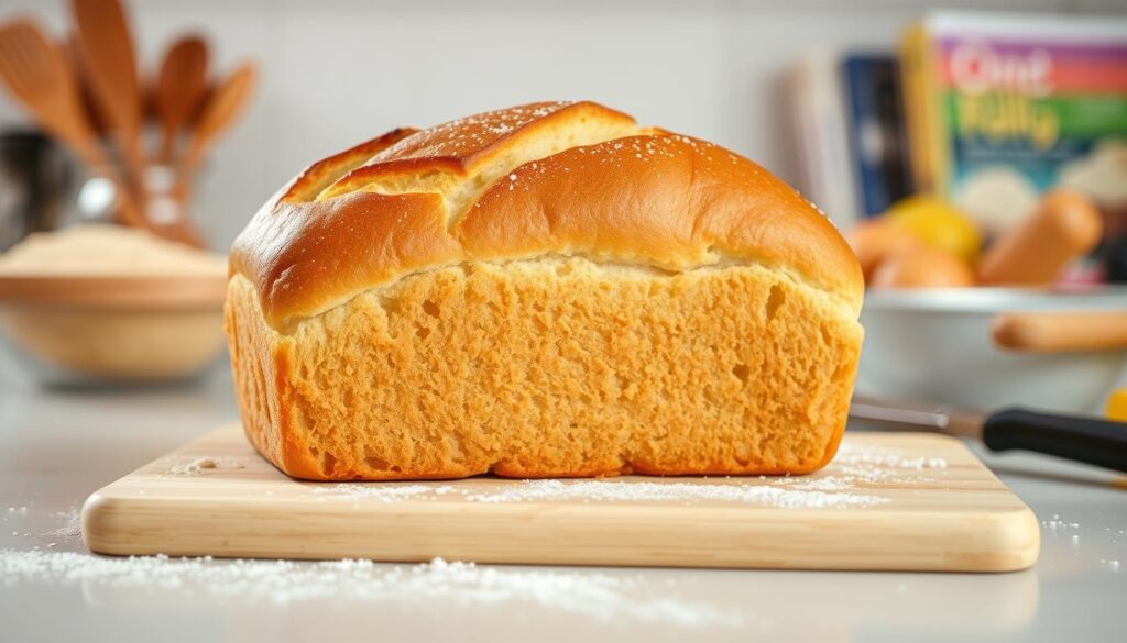 A fresh, golden-brown loaf of one-hour bread, its crunchy crust glistening in the soft, diffused light of a kitchen counter. The bread rests on a simple wooden cutting board, surrounded by a few scattered flour-dusted kitchen utensils. In the background, the blurred silhouettes of baking ingredients and cookbooks suggest a well-stocked, homey kitchen. The overall scene conveys a sense of warmth, simplicity, and the pride of accomplishing a delicious, quick-baked treat. A fresh, golden-brown loaf of one-hour bread, its crunchy crust glistening in the soft, diffused light of a kitchen counter. The bread rests on a simple wooden cutting board, surrounded by a few scattered flour-dusted kitchen utensils. In the background, the blurred silhouettes of baking ingredients and cookbooks suggest a well-stocked, homey kitchen. The overall scene conveys a sense of warmth, simplicity, and the pride of accomplishing a delicious, quick-baked treat.