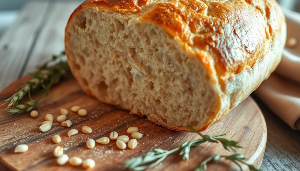 A freshly baked artisan loaf, its golden crust glistening under soft, warm lighting. The interior crumb is open and airy, with an inviting, yeasty aroma. The loaf rests on a rustic wooden board, surrounded by scattered wheat kernels and a handful of fresh herbs. The scene is captured from a low angle, emphasizing the artisanal craftsmanship and the care with which this bread was prepared. Subtle shadows and highlights create depth and dimension, while the overall composition conveys a sense of homemade comfort and artisanal authenticity.
